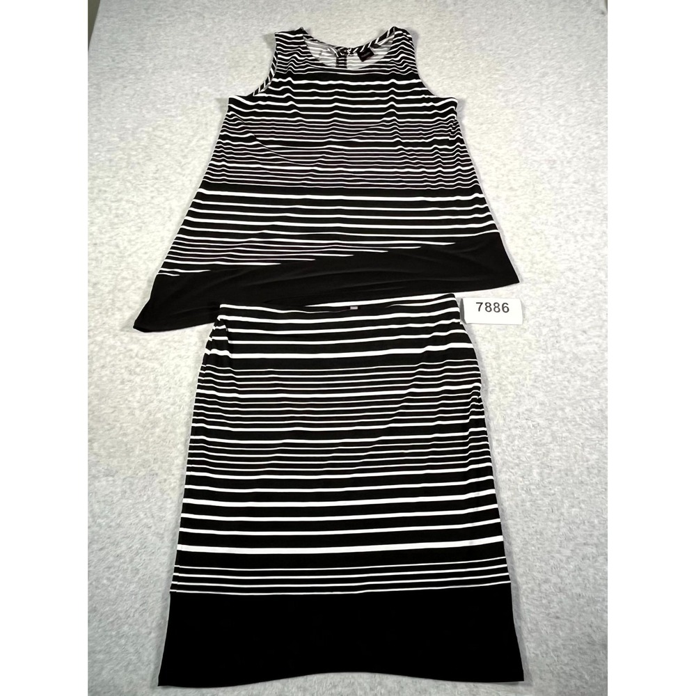 Rafaella Top & Skirt 2 Piece Set Womens L Black White Striped Asymmetrical Hem